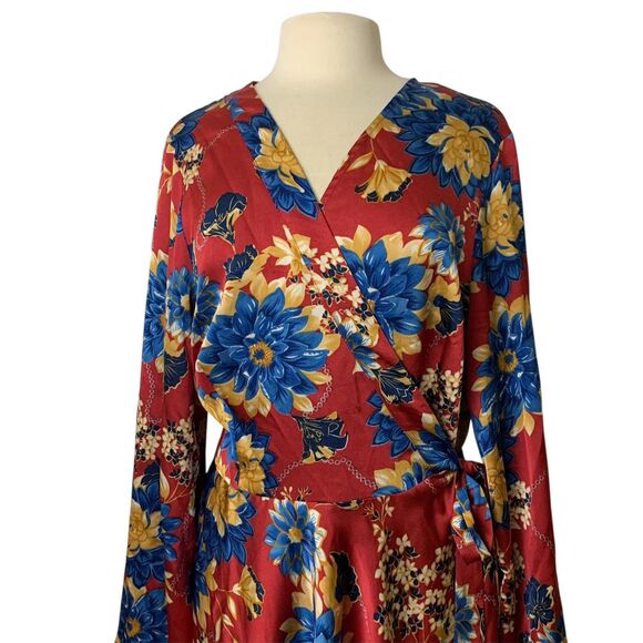 Missguided Plus Floral Wrap Dress Long Bell Sleeve Size 20 Red - Picture 3 of 7